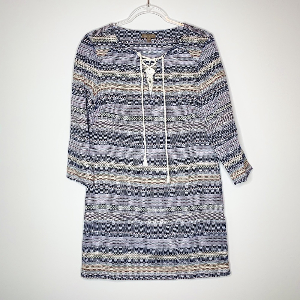 Lilla P Dress Blue Cream Tie Front 3/4 Sleeve NWT - Picture 2 of 6